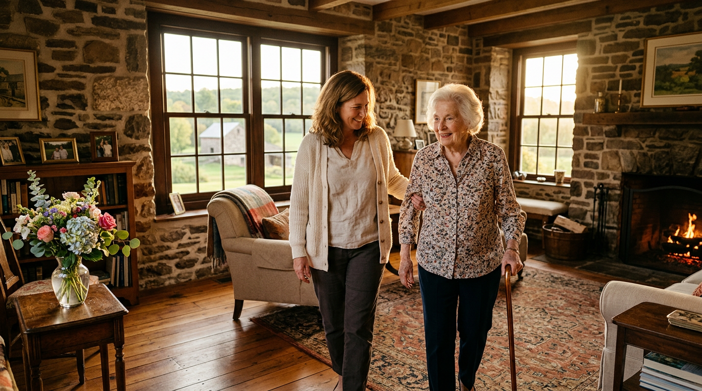 Caregiver walking with elderly woman through a sunlit Bucks County stone farmhouse