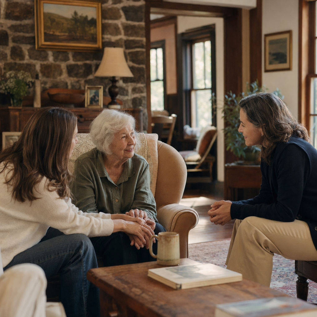 Professional nurse consulting with elderly client