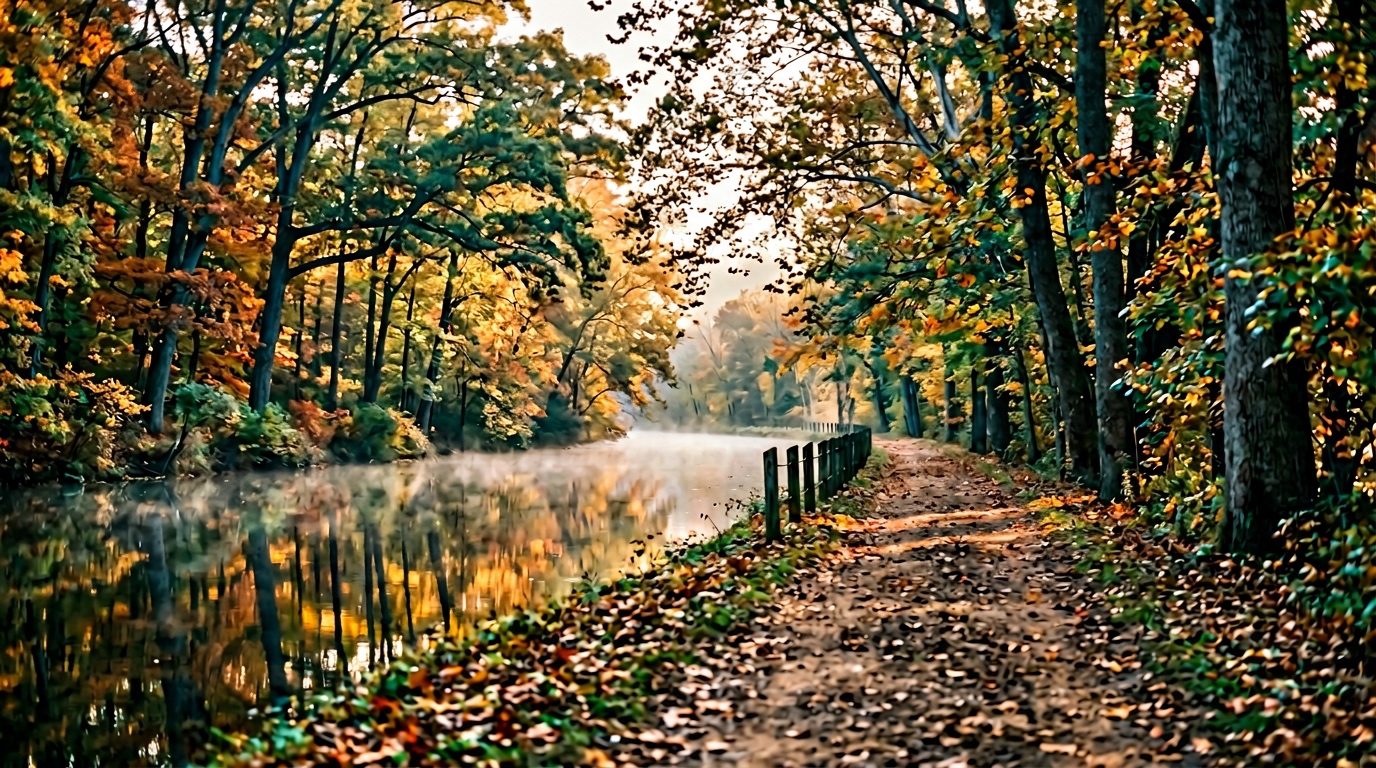 Golden hour autumn view of the Delaware Canal towpath in Bucks County