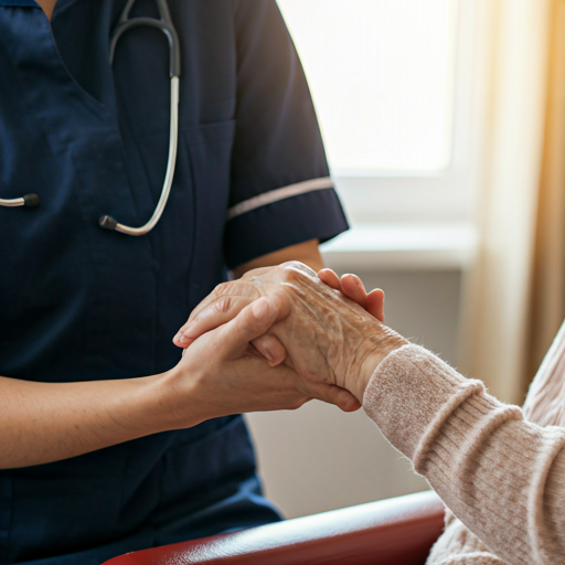 Skilled nurse holding the hand of an elderly patient during an in-home visit
