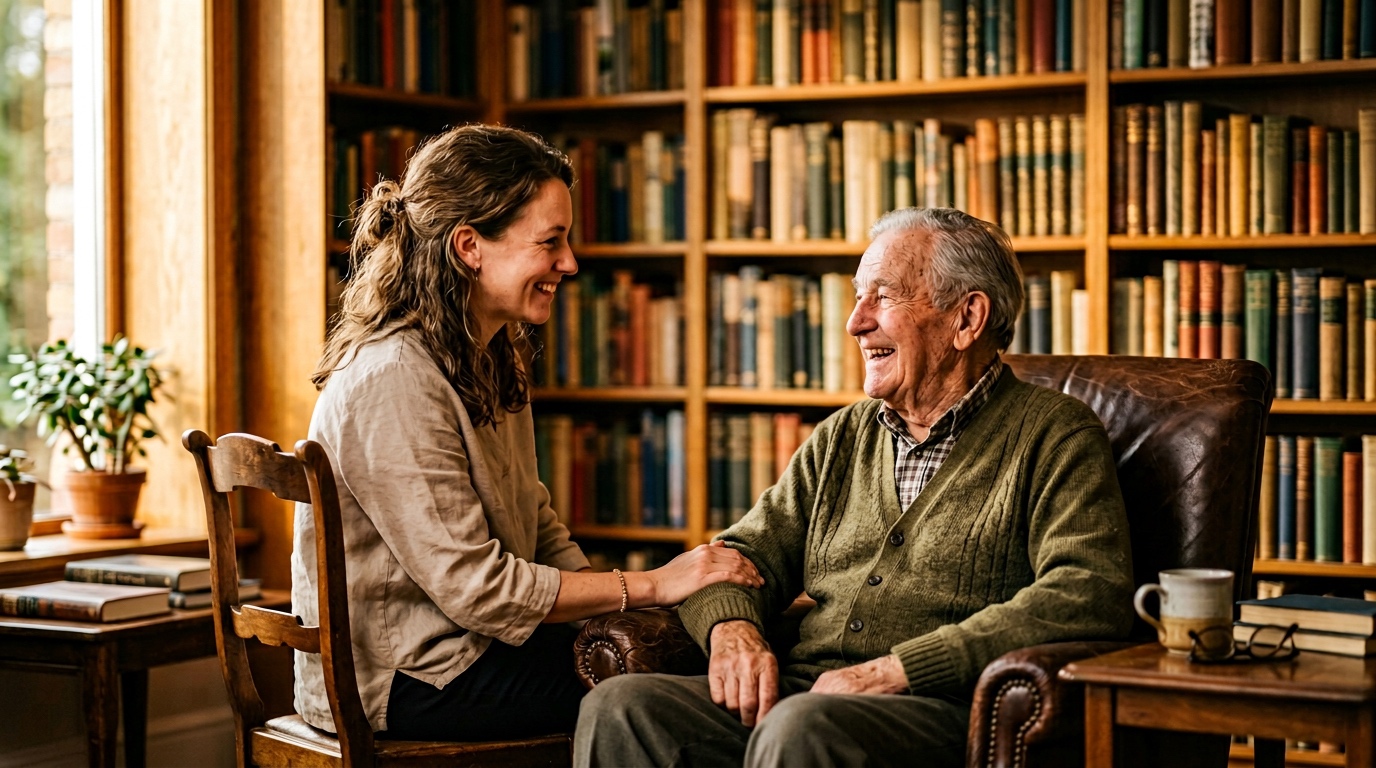 A compassionate caregiver in conversation with an elderly man in a warmly lit study
