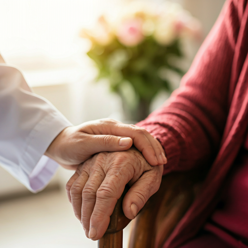 Elegant close-up of a healthcare professional's hand gently resting on an elderly hand in a bright, sunlit room