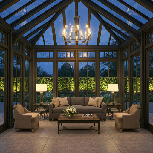 Interior of a luxury sunroom with high ceilings, plush seating, and large windows looking out onto a manicured garden